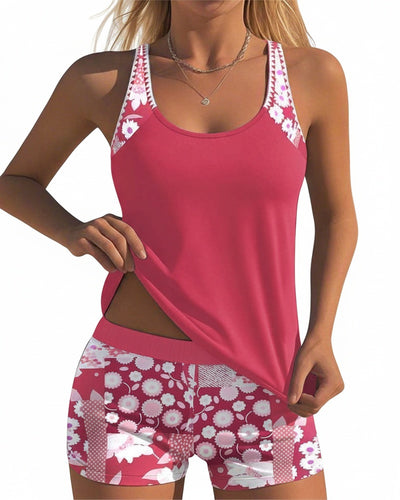 Femme Tankini Deux Pièces à Imprimé Floral avec Short de Bain