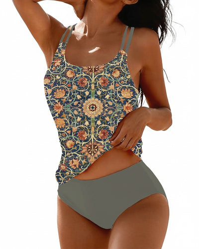 Femme Tankini Deux Pièces à Imprimé Floral Bohème avec Bretelles Doubles