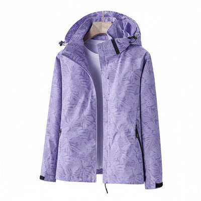 Femme Veste de Randonnée à Capuche avec Imprimé Feuilles et Fermeture Éclair