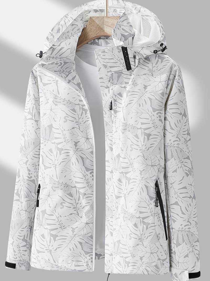 Femme Veste de Randonnée à Capuche avec Imprimé Feuilles et Fermeture Éclair