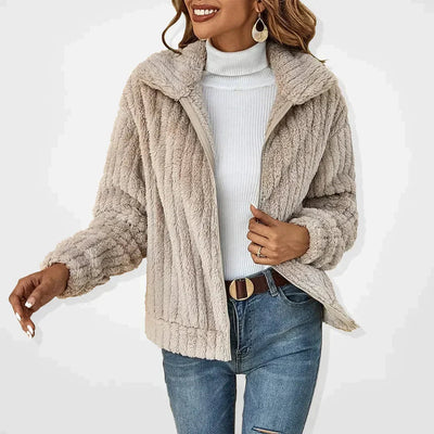 Femme Veste Teddy Manches Longues avec Col Rabattu et Fermeture Éclair