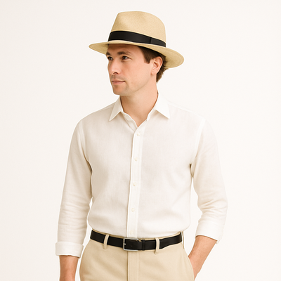 Homme Chapeau Panama à Large Bord avec Ruban Contrasté