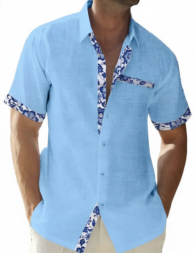 Homme Chemise Courte Manche avec Garnitures Fleuries et Poche Poitrine
