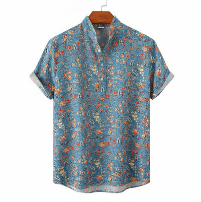 Homme Chemise Manches Courtes à Imprimé Floral et Col Mao