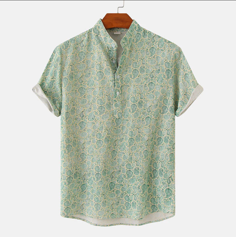 Homme Chemise Manches Courtes à Imprimé Floral et Col Mao