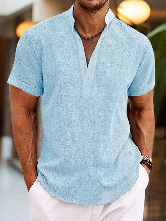 Homme Chemise Manches Courtes avec Col Mao et Boutonnage Henley