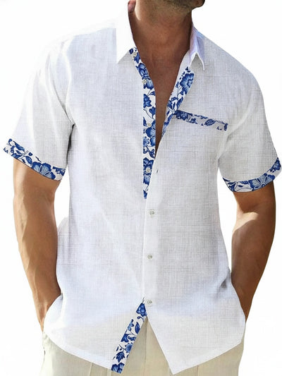 Homme Chemise Manches Courtes col Classique avec Bordures Florales