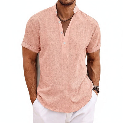 Homme Chemise Manches Courtes col Montant avec Boutons Henley