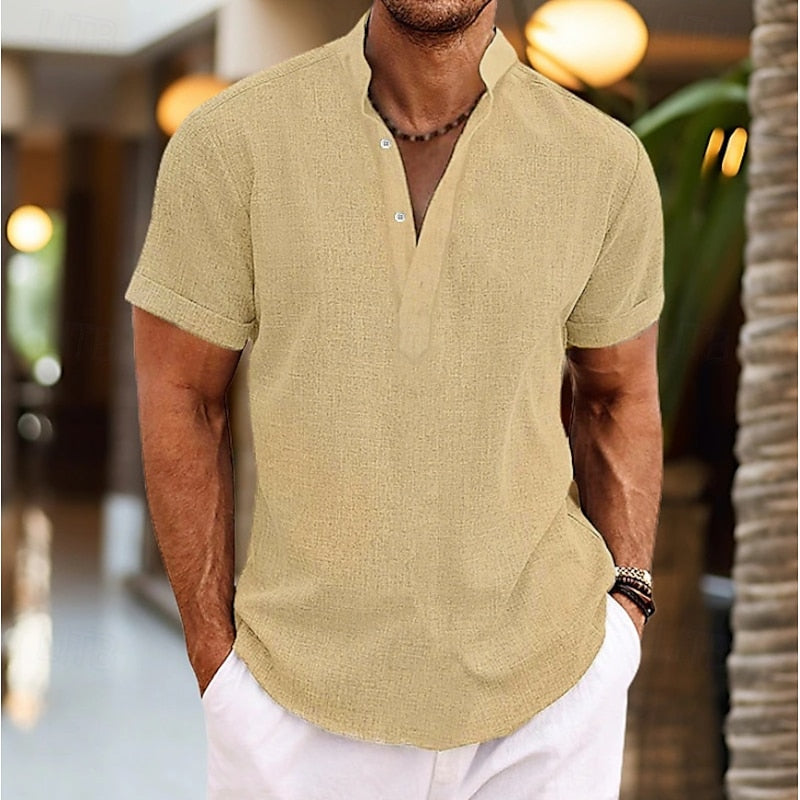Homme Chemise Manches Courtes col Montant avec Boutons Henley