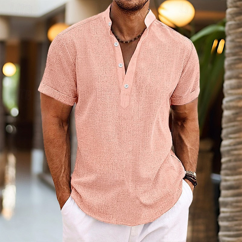Homme Chemise Manches Courtes col Montant avec Boutons Henley