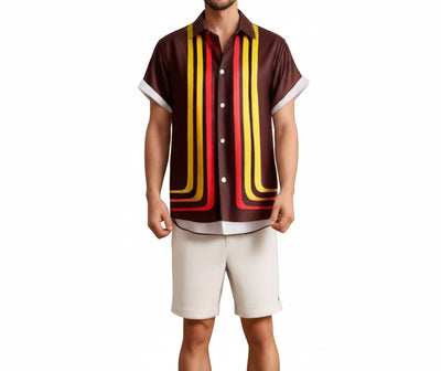 Homme Chemise Manches Courtes Rétro à Rayures Verticales et Col Classique