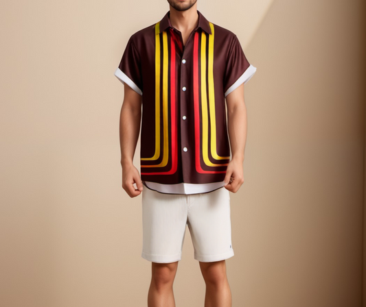 Homme Chemise Manches Courtes Rétro à Rayures Verticales et Col Classique