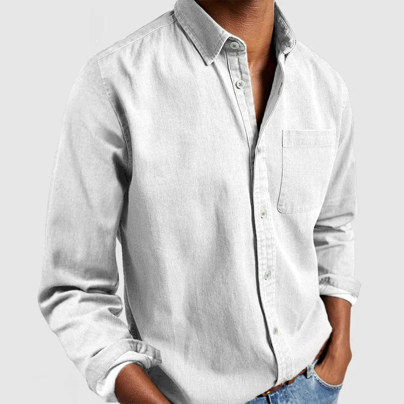 Homme Chemise Manches Longues avec Col Italien et Poche Poitrine