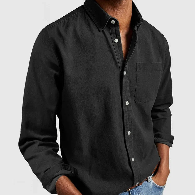 Homme Chemise Manches Longues avec Col Italien et Poche Poitrine