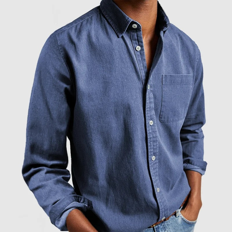 Homme Chemise Manches Longues avec Col Italien et Poche Poitrine