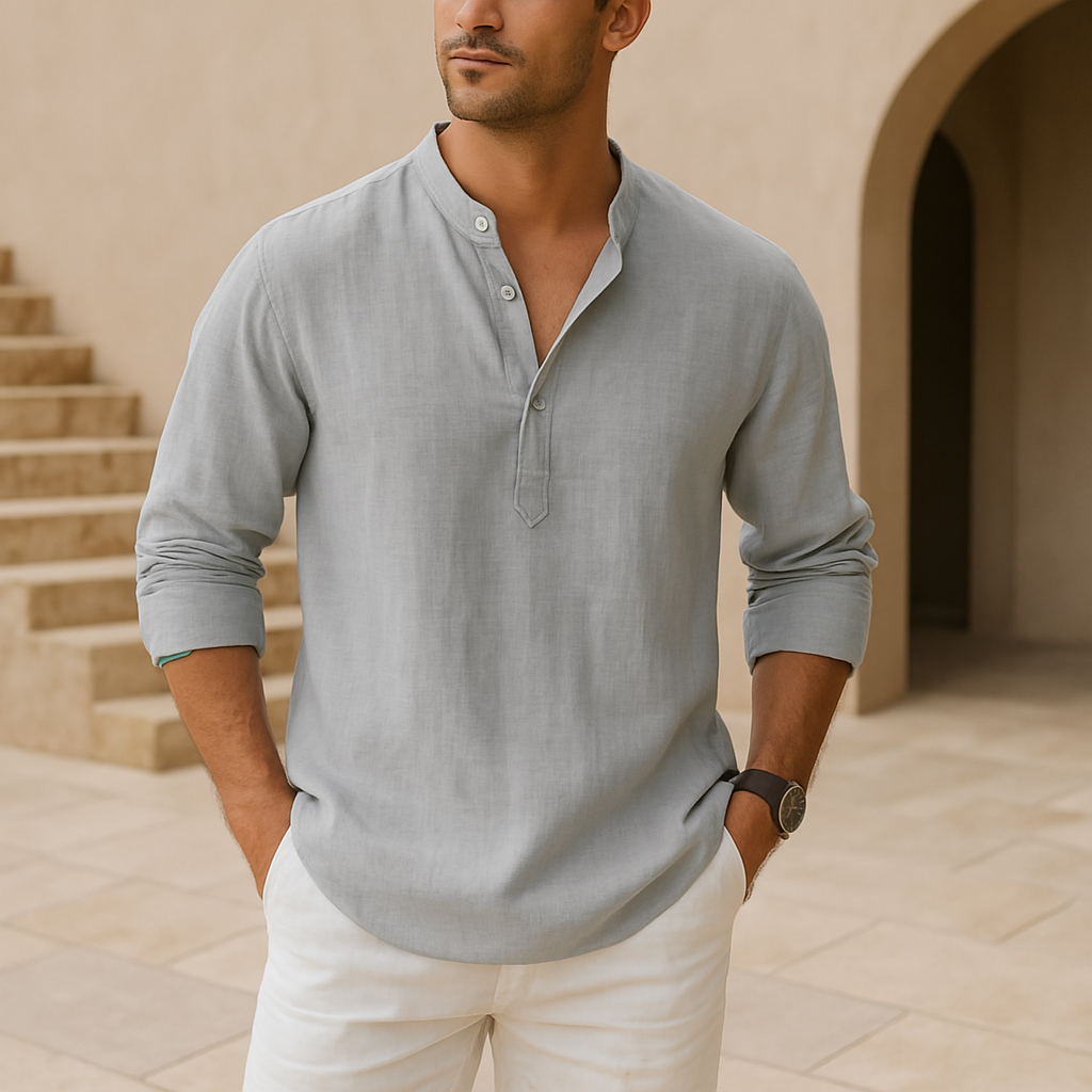 Homme Chemise Manches Longues avec Col Mao et Boutonnage Henley