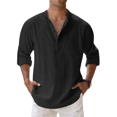 Homme Chemise Manches Longues avec Col Mao et Boutonnage Henley