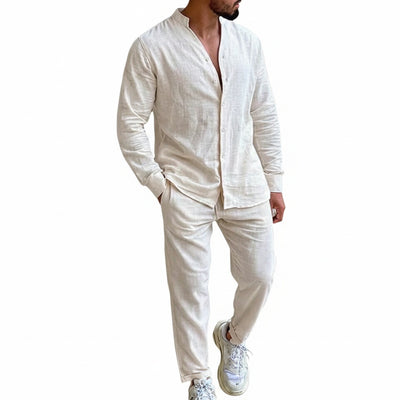 Homme Ensemble Chemise et Pantalon à Col Mao Manches Longues