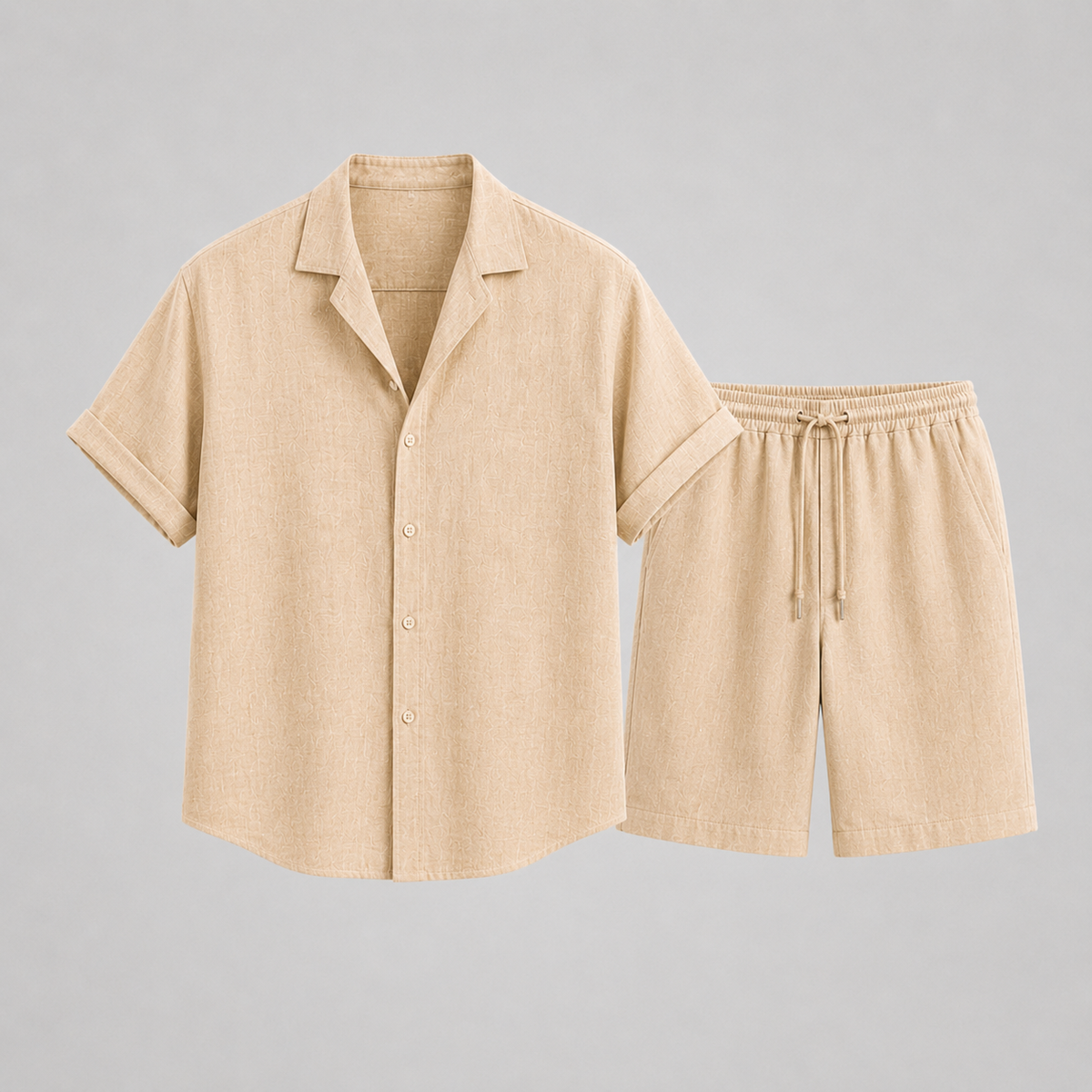 Homme Ensemble Chemise Manches Courtes et Short avec Col Cubain et Cordon