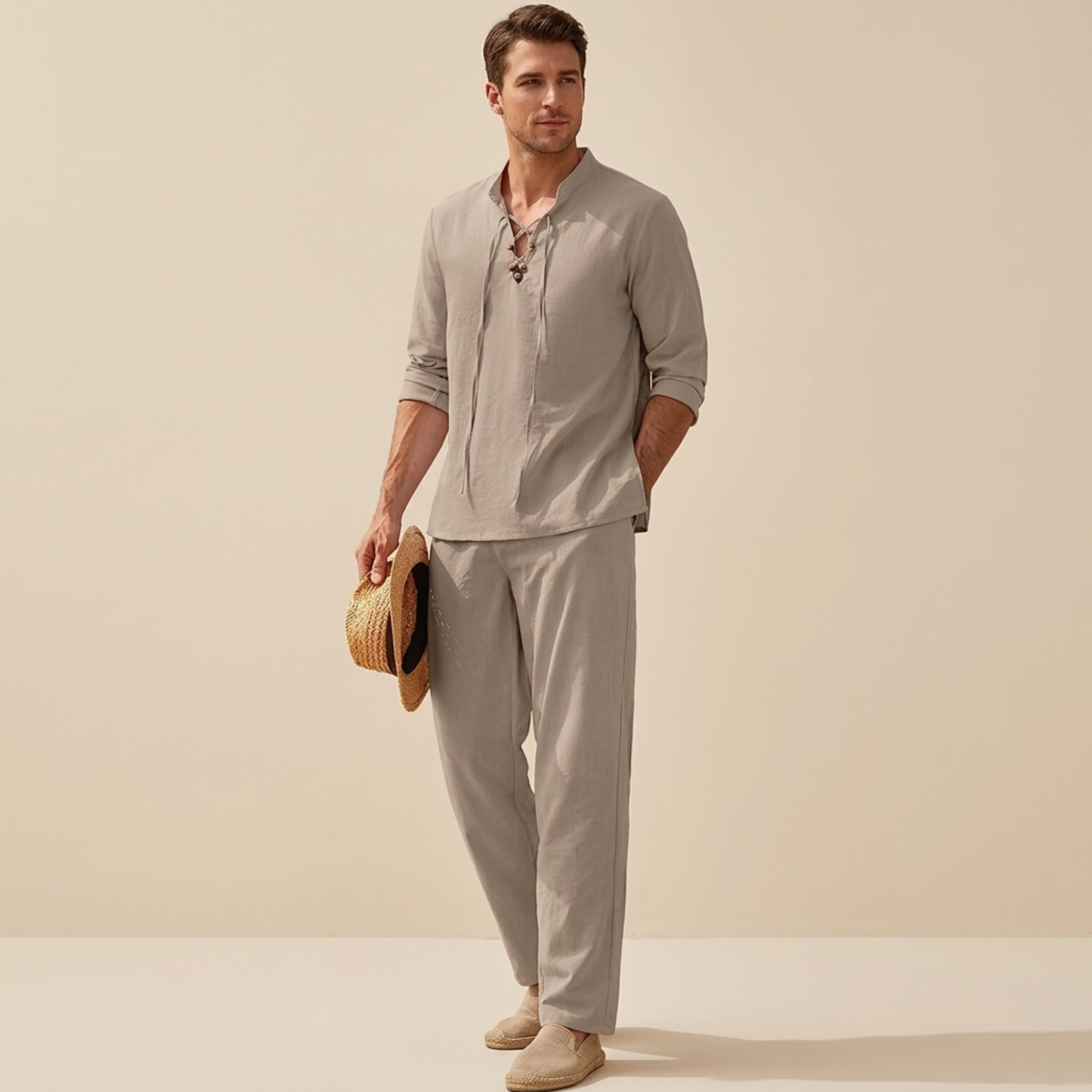 Homme Ensemble Deux Pièces Décontracté Manches Longues avec Lacet et Pantalon Large