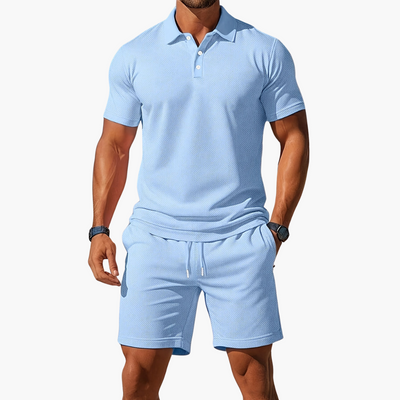 Homme Ensemble Polo Manches Courtes et Short avec Col Boutonné