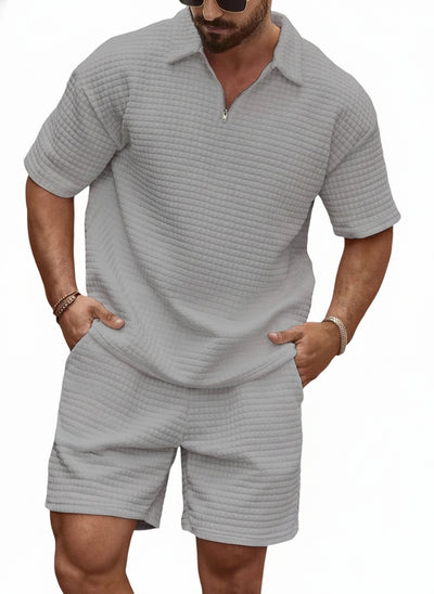 Homme Ensemble Polo Manches Courtes et Short avec Col et Fermeture Éclair