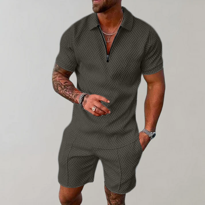 Homme Ensemble Polo Manches Courtes et Short avec Col Zippé