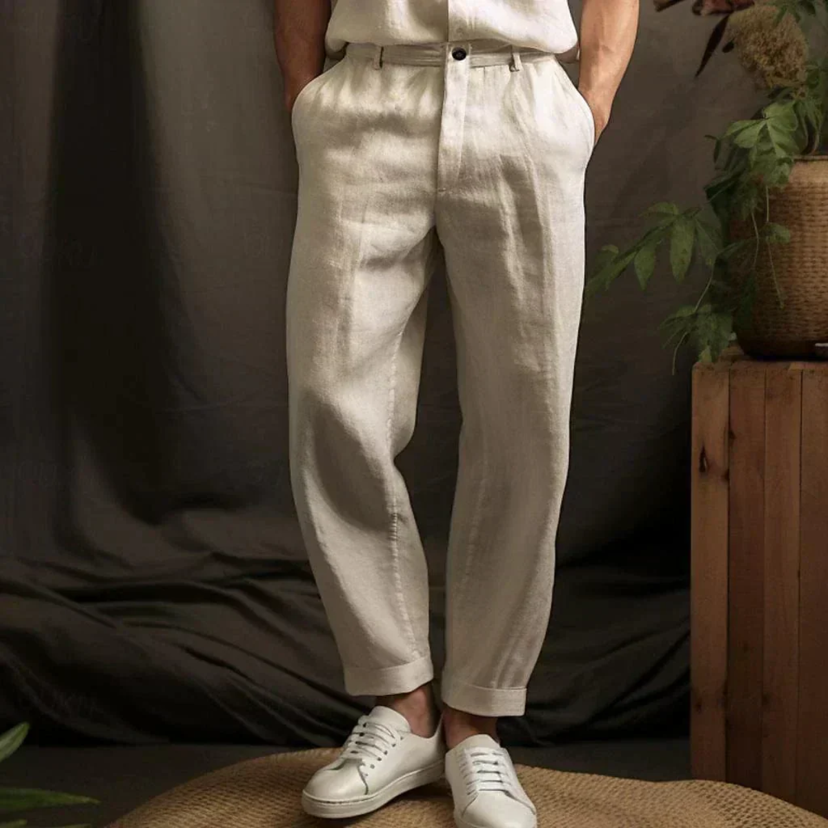 Homme Pantalon Chino Taille Haute avec Revers et Coupe Droite Décontractée