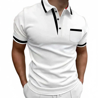 Homme Polo Manches Courtes avec Poche Poitrine et Col Boutonné