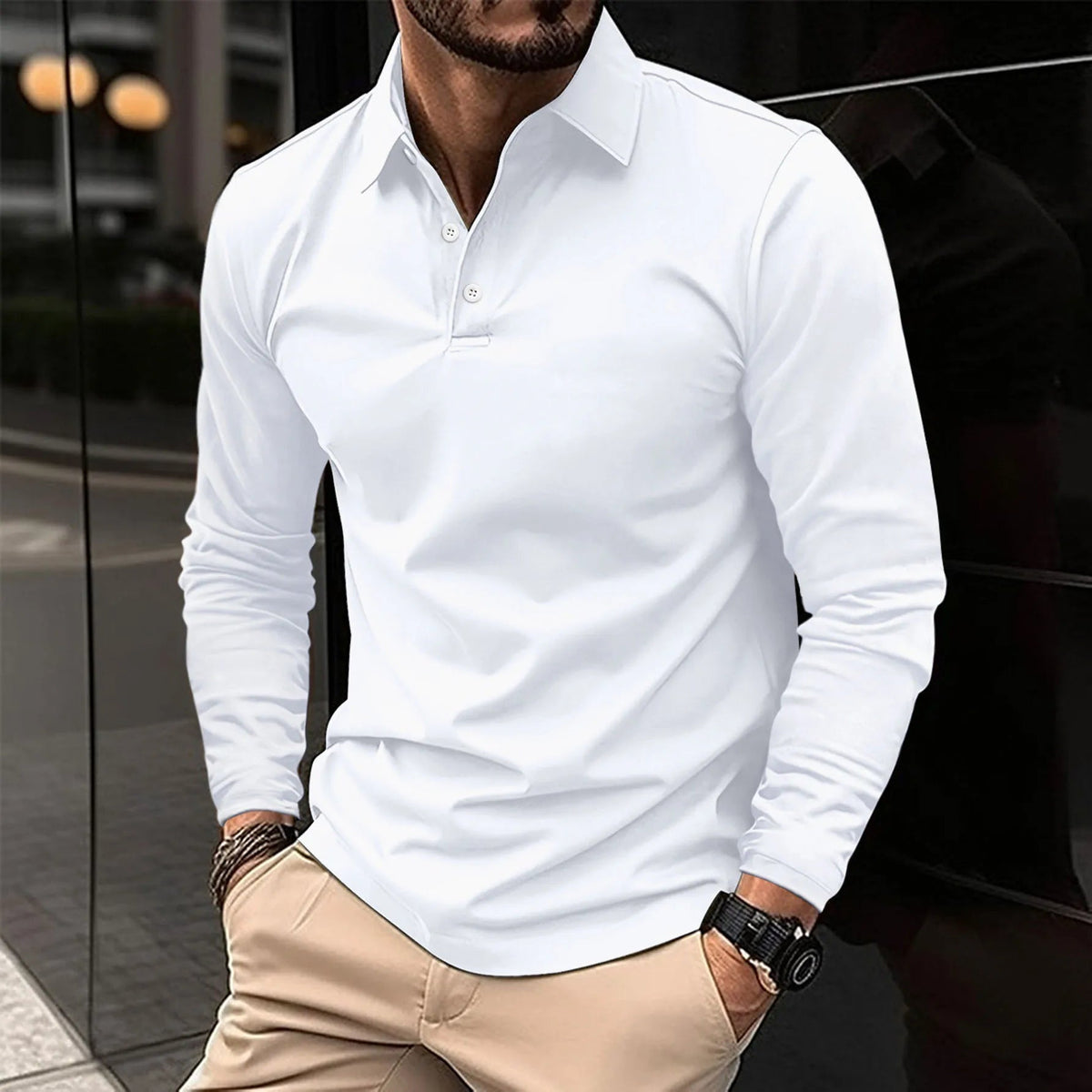 Homme Polo Manches Longues avec Col Classique Slim Fit