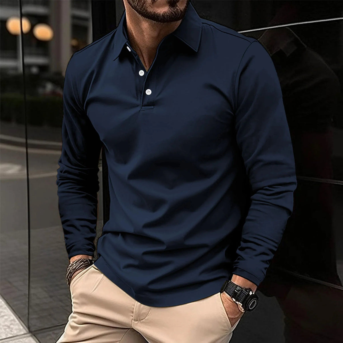 Homme Polo Manches Longues avec Col Classique Slim Fit