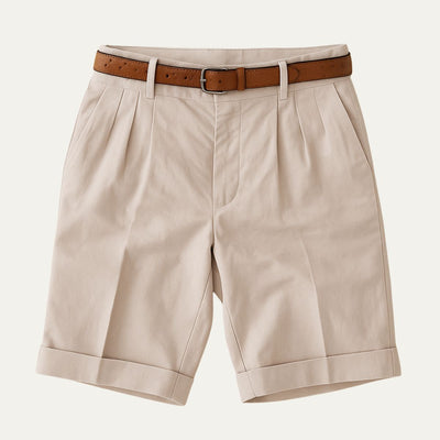 Homme Short Chino à Plis avec Revers et Ceinture