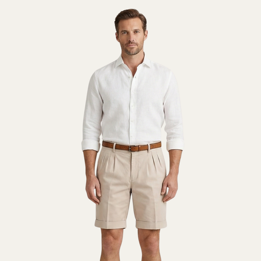 Homme Short Chino à Plis avec Revers et Ceinture
