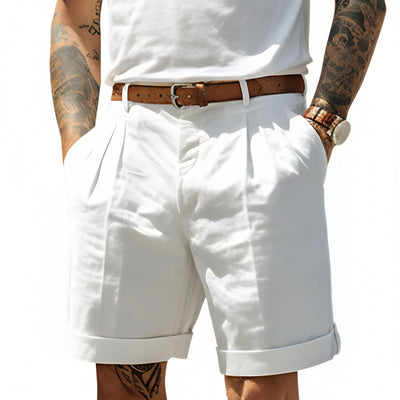 Homme Short Chino à Plis avec Revers et Passants pour Ceinture