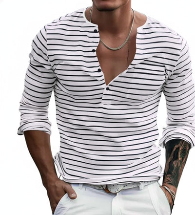 Homme T-shirt Henley Manches Longues à Rayures avec Patte de Boutonnage