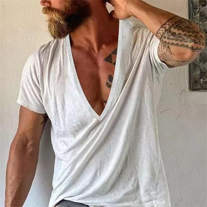Homme T-shirt Manches Courtes à Col V Profond Coupe Ample