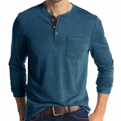 Homme T-shirt Manches Longues Henley avec Poche Poitrine et Boutons