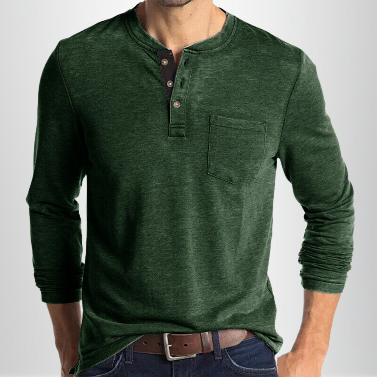 Homme T-shirt Manches Longues Henley avec Poche Poitrine et Boutons