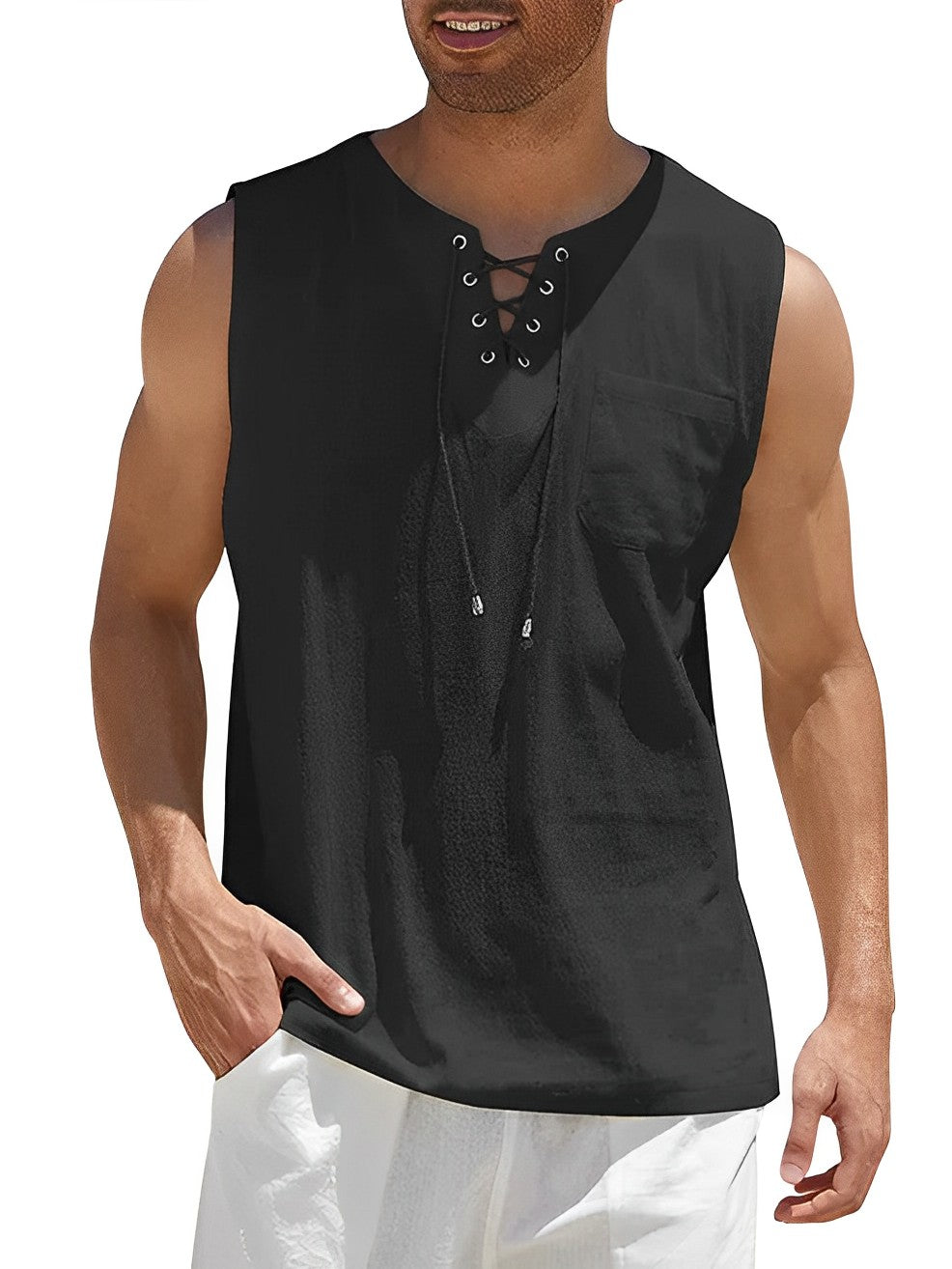 Homme Tank Top sans Manches avec Col V et Lacets