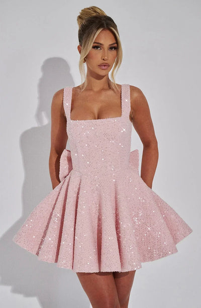Mini Robe Pailletée à Jupe Évasée avec Grand Nœud dans le Dos