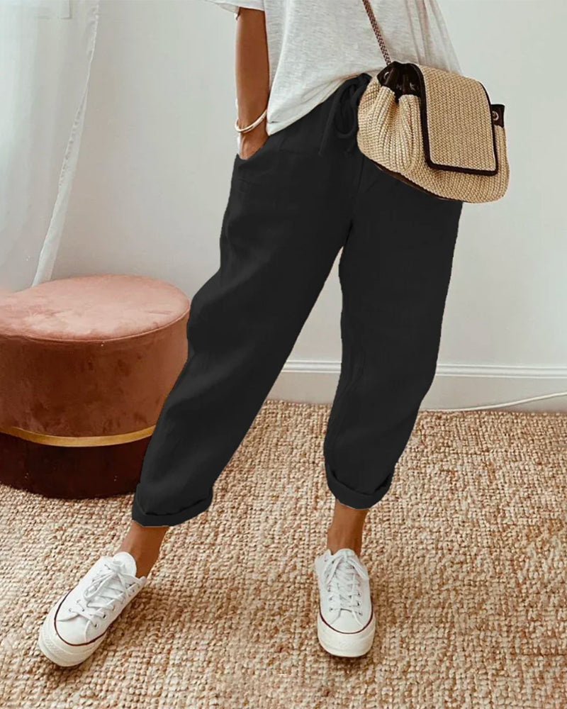 Pantalon Décontracté à Cordon et Ourlets Retroussés