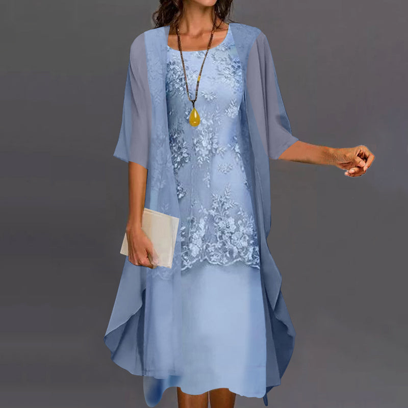 Robe Deux Pièces à Dentelle Florale avec Voile Fluide