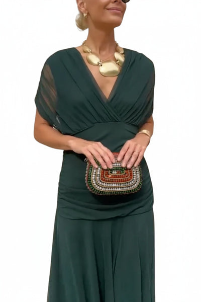 Robe Longue Voile Froncé col en V avec Épaules Dénudées