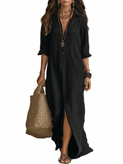 Robe Maxi Bohème à Col Chemise et Fente Latérale