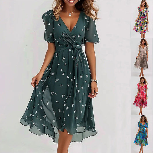 Robe Midi Fleurie à Col en V et Ceinture Nouée