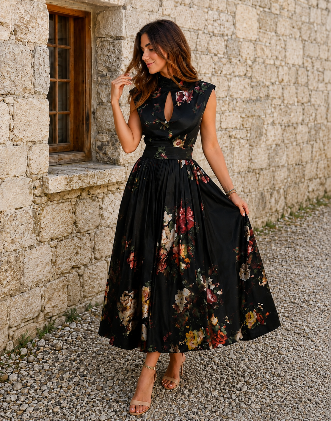 Robe Midi Élégante Sans Manches à Col Montant et Motif Floral Raffiné