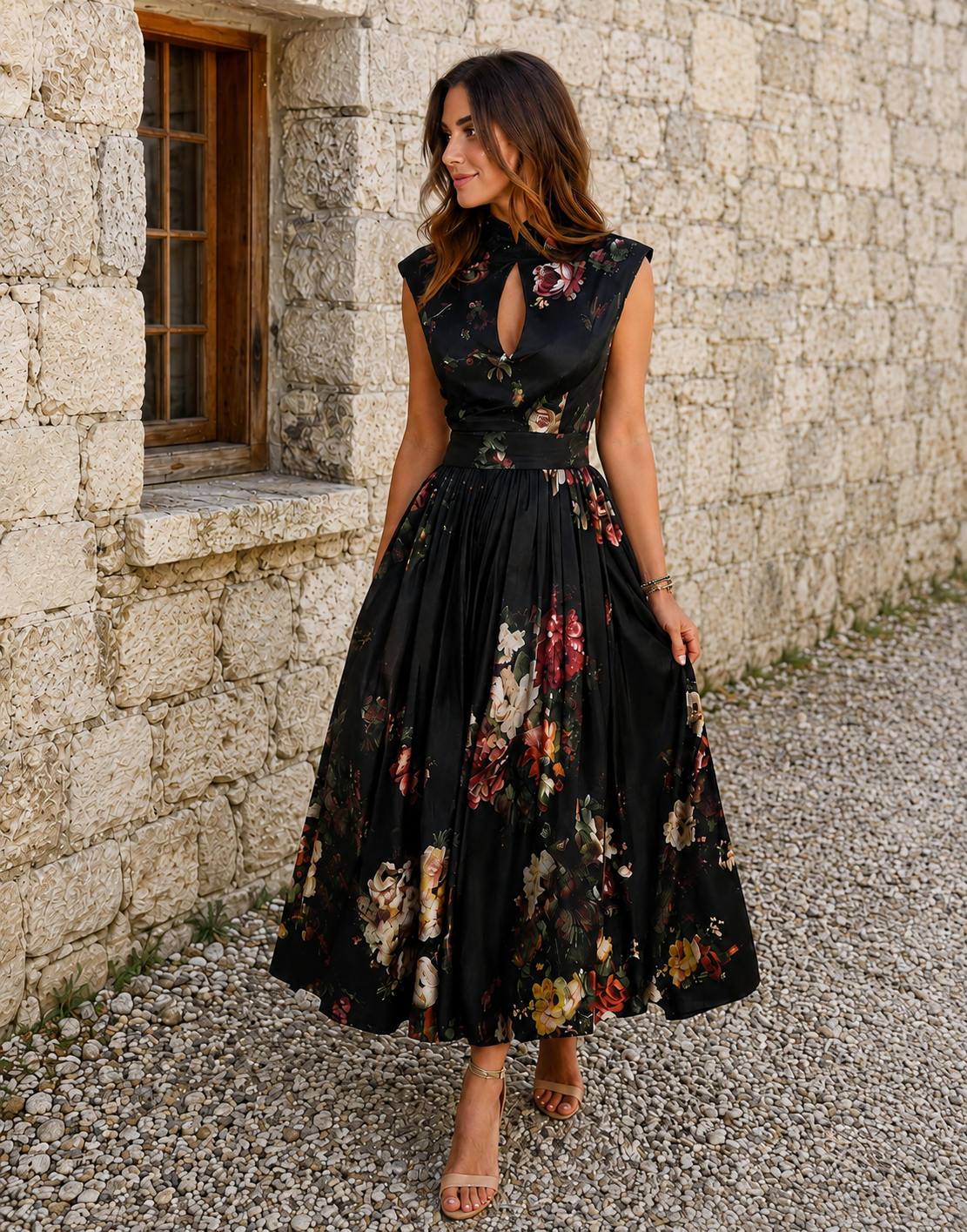 Robe Midi Élégante Sans Manches à Col Montant et Motif Floral Raffiné
