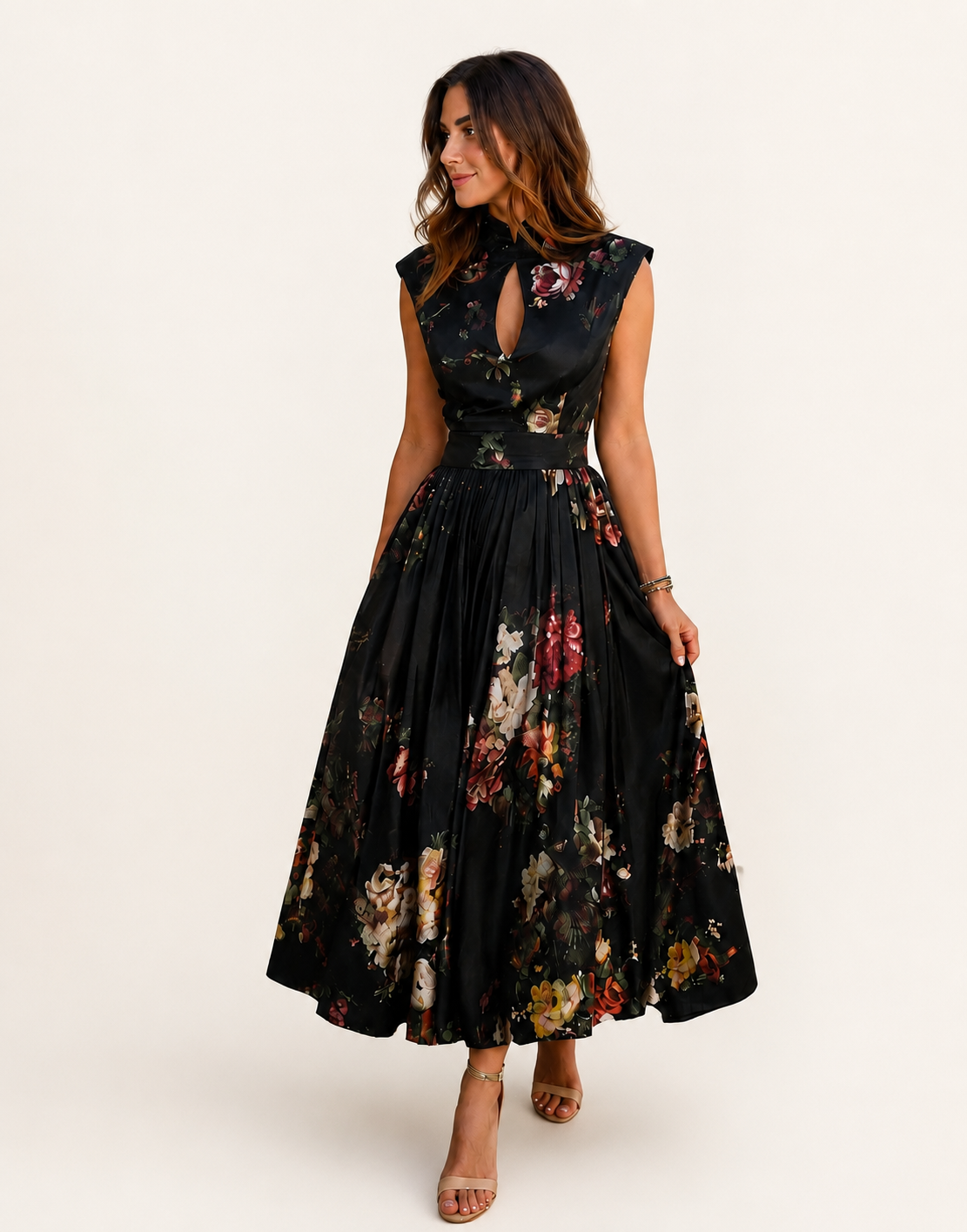 Robe Midi Élégante Sans Manches à Col Montant et Motif Floral Raffiné