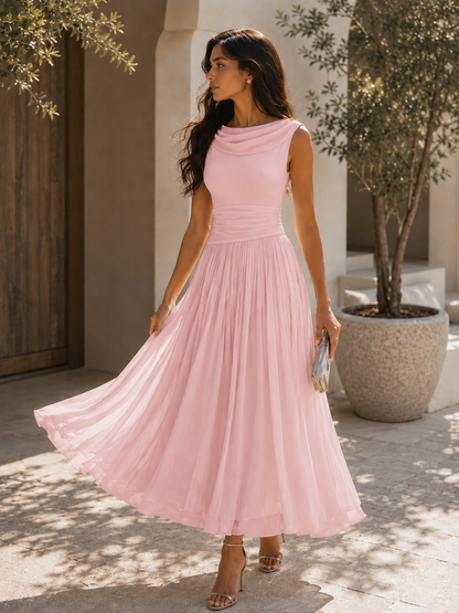 Robe midi chic sans manches pour femme, avec col drapé et plis fluides