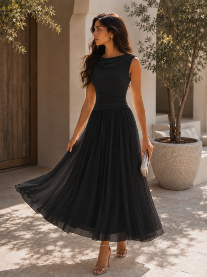 Robe midi chic sans manches pour femme, avec col drapé et plis fluides